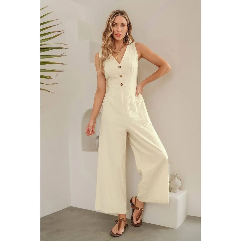 Cupshe High Society Beige Jumpsuit XL Wide Leg Bow Tie Back NWT Chic Outfit - Picture 4 of 9